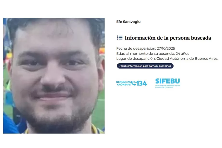 El aviso sobre la búsqueda del ciudadano turco Efe Saravoglu. Foto: SIFEBU
