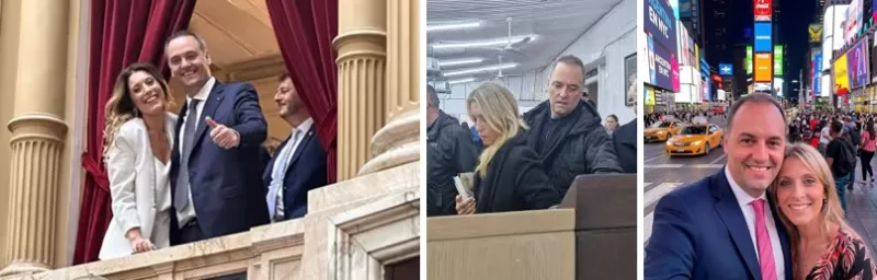 Manuel Adorni junto a su esposa Bettina Angeletti en un viaje que desató denuncias por malversación y uso indebido del avión presidencial.