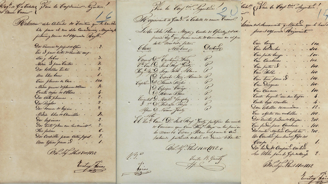 Algunos de los documentos analizados y digitalizados. De izq. a der. : artículos de escritorio, el listado de la plana mayor y el listado de armamento. Fuente: gentileza Museo Paleontológico de San Pedro.